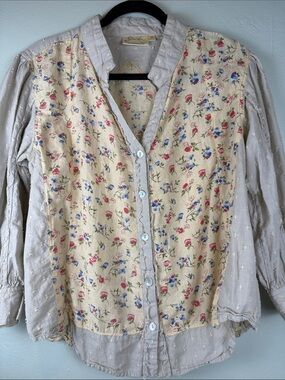 Paper Lace Floral Boho Mixed Media Patchwork Cotton Button Down Boho Top Size M